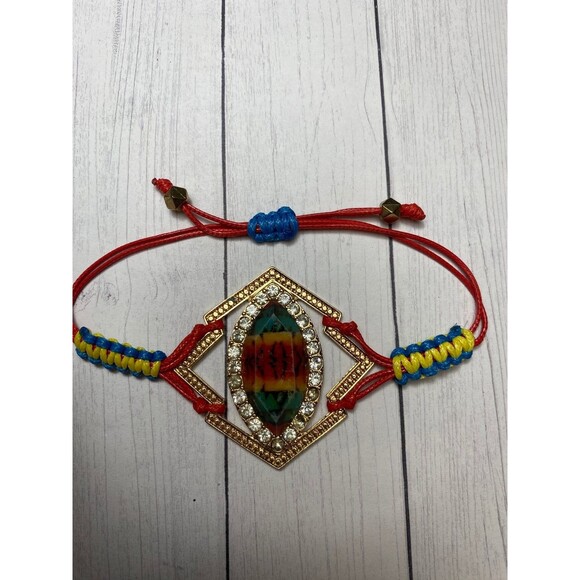 Colorful Adjustable Macrame Bracelet with Rhinestone Accent and Resin Gem - Picture 1 of 7